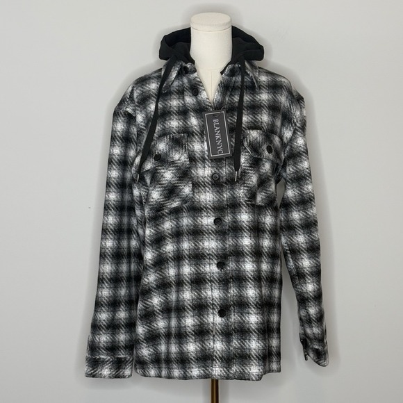 BLANKNYC Hooded Shirt Jacket Small Black White Plaid Flannel Button Front - Picture 1 of 12